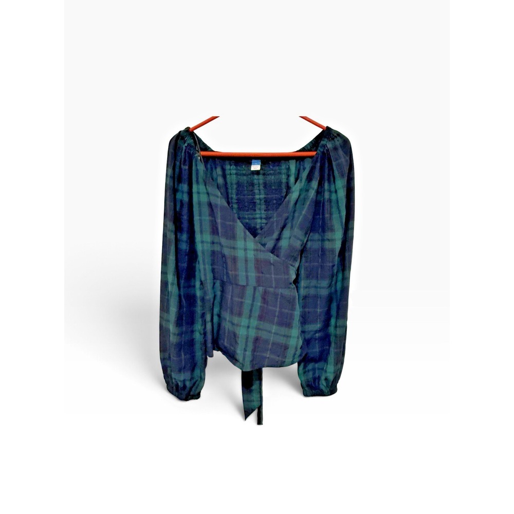 Tartan Wrap Waist Balloon Sleeve Peplum Blouse L Academia Smart Casual Poet